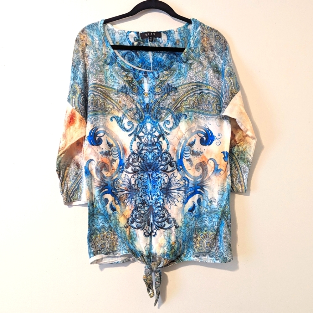 Teal Blue Yellow Embellished Top